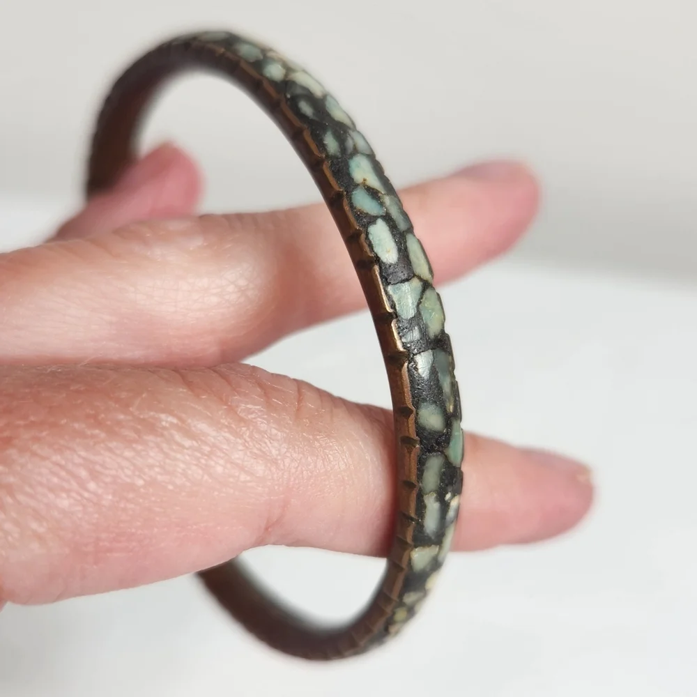 Brass Turquoise Inlay Bangle Bracelet India Mosaic Stone Boho